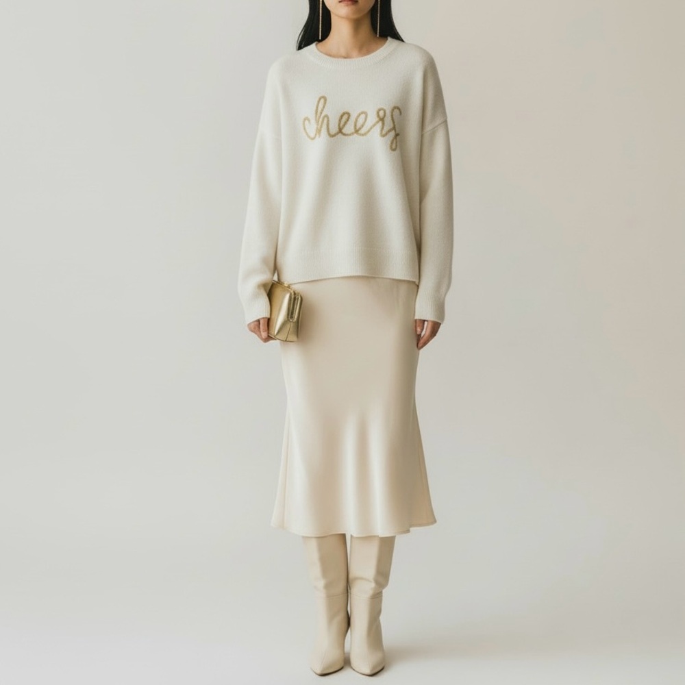 CeCe Cheers Beaded Script Sweater Cream Oversized Cozy Knit Size M